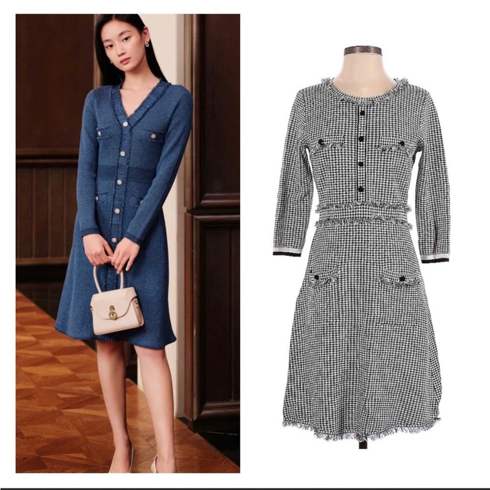 EP‎ Yaying houndstooth and fringe a line midi sweater dress, size 3